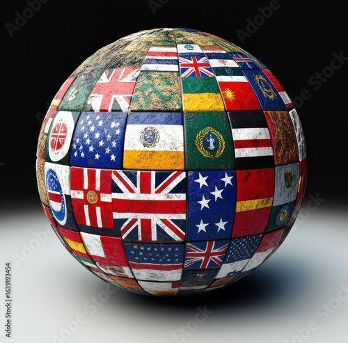 Spherical shape composed of multiple worn and weathered flags from various countries tightly fitted together, symbolizing global unity and diversity