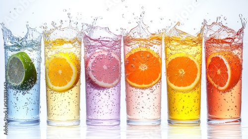 Colorful drinks with fruit slices and splashes