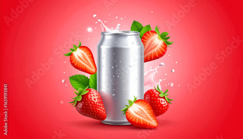A refreshing beverage can surrounded by fresh strawberries and milk splash against a red background.