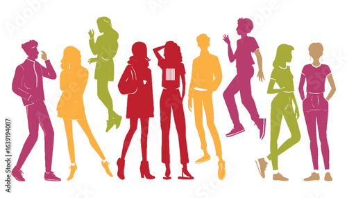 Silhouettes of eight people in various poses, each a different vibrant color, suggesting diversity and individuality in a lively, modern context.