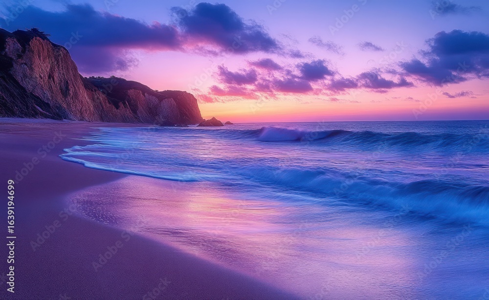 Obraz premium Calm ocean waves gently rolling onto a sandy beach at sunset with a colorful sky and rugged cliffs in the background