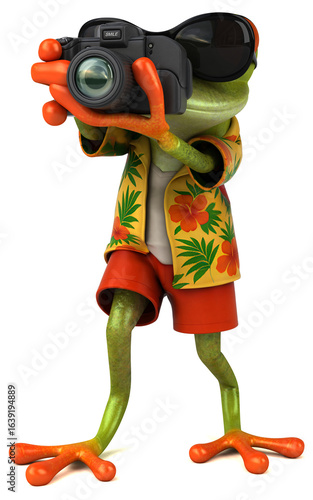 Fun 3D cartoon frog with a camera illustration