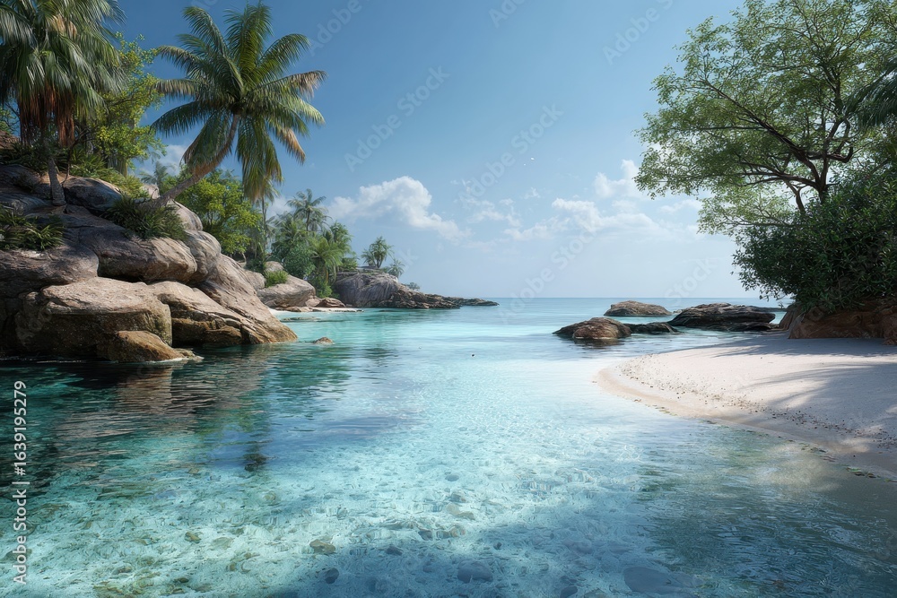 Obraz premium Serene tropical beach with palm trees and crystal clear water inviting relaxation on a sunny day in paradise