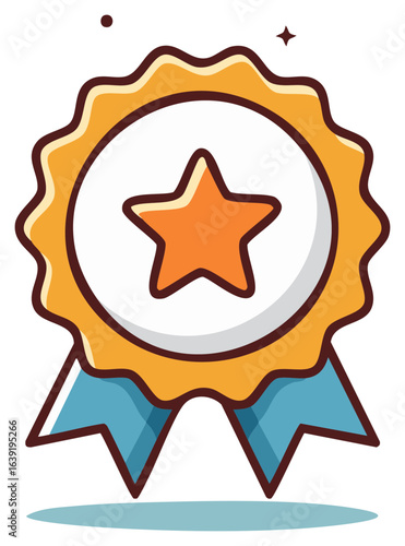 Decorative award ribbon with golden star centerpiece and blue streamers conveying achievement