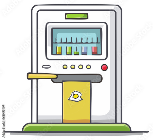 Cartoon Illustration of a Vending Machine Dispensing Products with a Lever and Buttons, Concept of Automated Retail