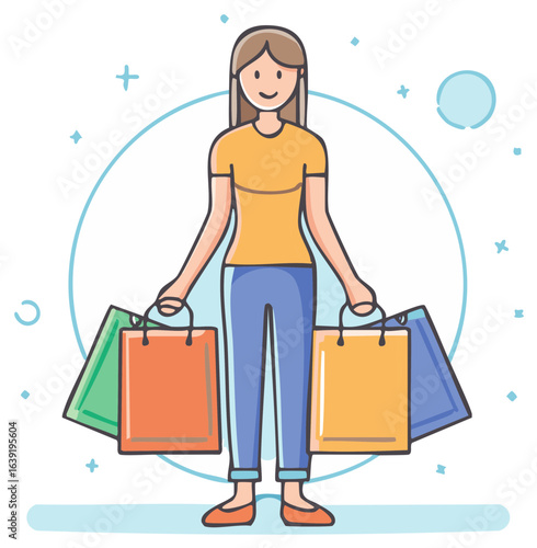 Cartoon woman carries colorful shopping bags after making purchases at a retail store