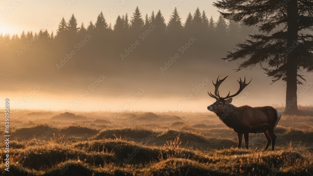 Obraz premium Majestic Stag Stands in Golden Morning Light, Forest Silhouette Background