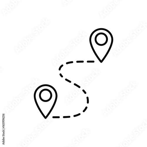 A simple line icon showing a travel route between two location pins, representing a journey from a starting point to a final destination.