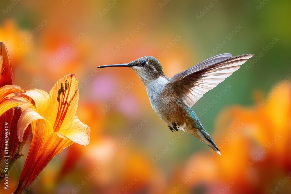 Naklejka premium Hummingbird in flight approaching a vibrant orange flower in a colorful garden during daytime