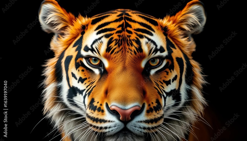 Fototapeta premium Close-up tiger face, intense gaze, black background, beautiful, wild