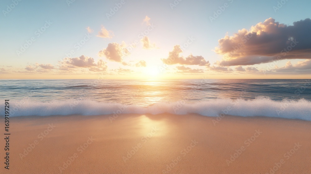 Fototapeta premium Golden sunset over tranquil ocean waves lapping at a sandy beach