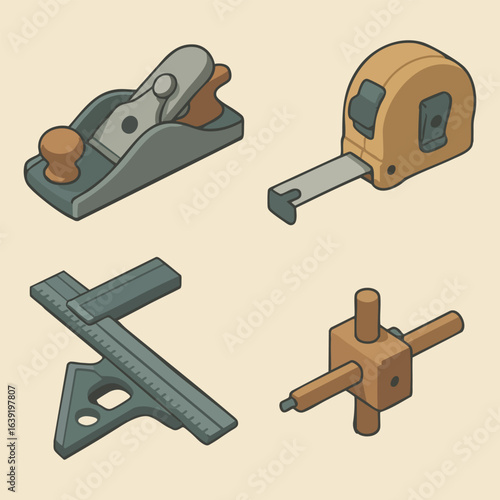 Carpentry Measuring and Planing Tools — Block Plane, Tape Measure, Combination Square, Speed Square, Marking Gauge