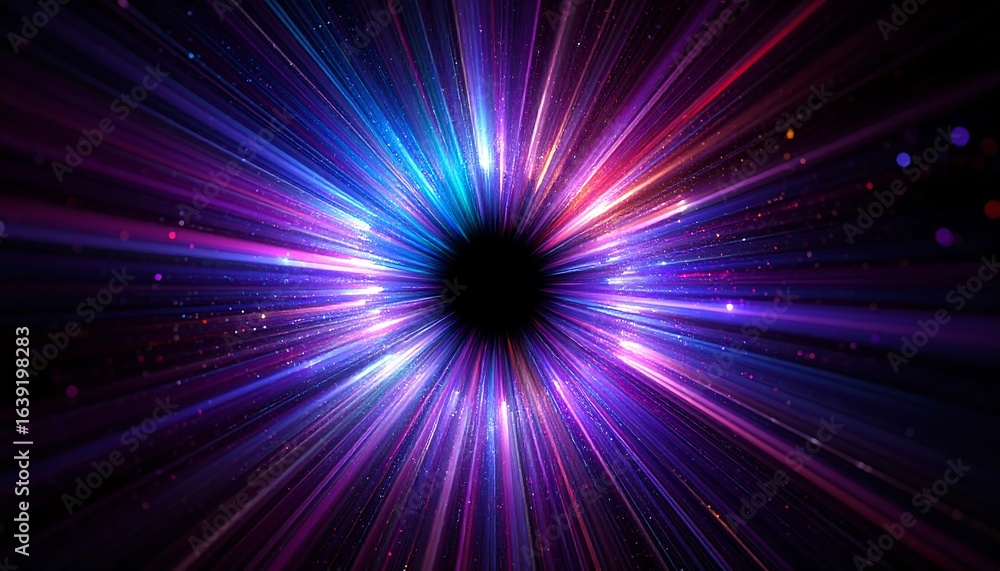 Fototapeta premium Vibrant Cosmic Burst: An Abstract Explosion of Purple, Blue, and Red Light Emanating from a Central Void
