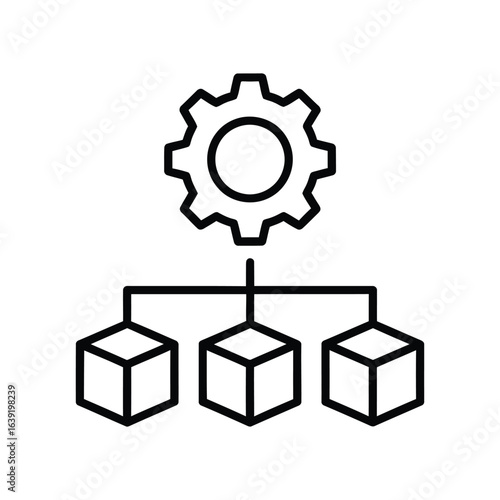 System management icon with a central gear processing and distributing tasks to multiple modular blocks.