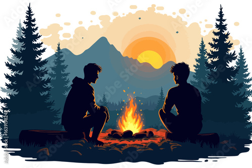 "Two Friends Camping by a Campfire Under the Stars"

"Mountain Night Campfire Scene with Silhouetted Figures"

"Wilderness Camping Illustration with Starry Sky"