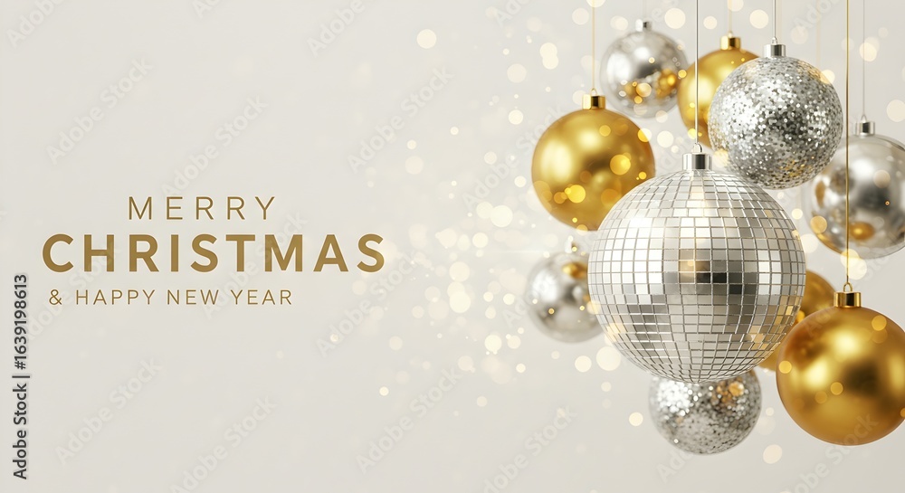 Fototapeta premium Merry Christmas and Happy New Year Festive Background with Disco Balls