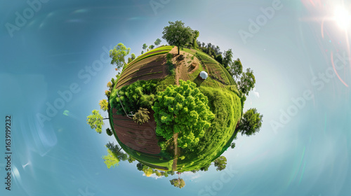 Tiny planet of a peaceful farm in vector globe