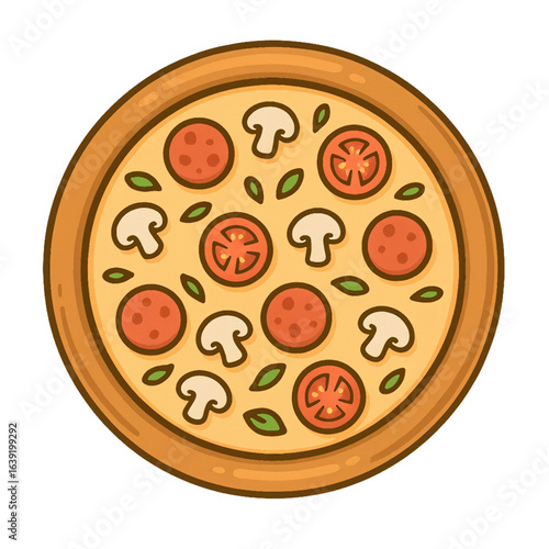 Whole pizza illustration in cute flat cartoon style, topped with pepperoni slices, mushrooms, tomato slices, and green herbs, golden crust, warm cheesy base, high quality