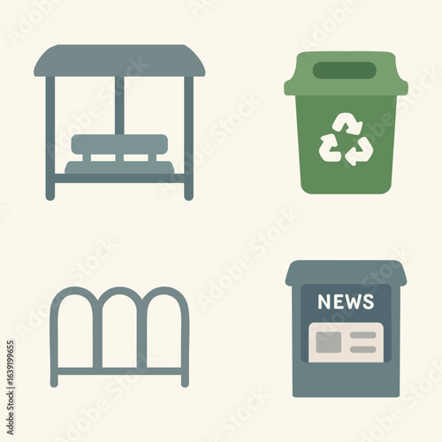 Public Amenities Icons — Market Stall, Recycling Bin, Bookshelf, Newspaper Box