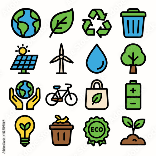 Environmental icons promote sustainability in detailed flat design