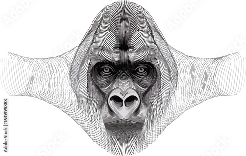 Detailed line art gorilla portrait graphic design