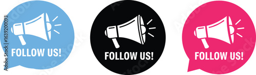 Follow us icons, megaphone speech bubbles, social media marketing graphics, blue black pink circular design