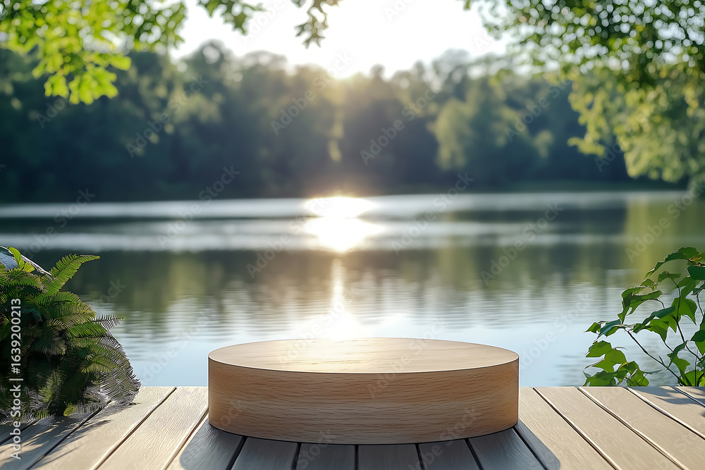 Fototapeta premium empty podium on a sunny deck by a calm lake with space for product promotion and advertisement