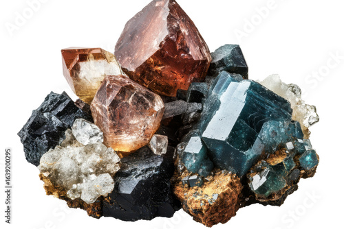 Rare cluster of unique minerals extracted from a geological site showcasing vibrant colors and diverse crystal formations