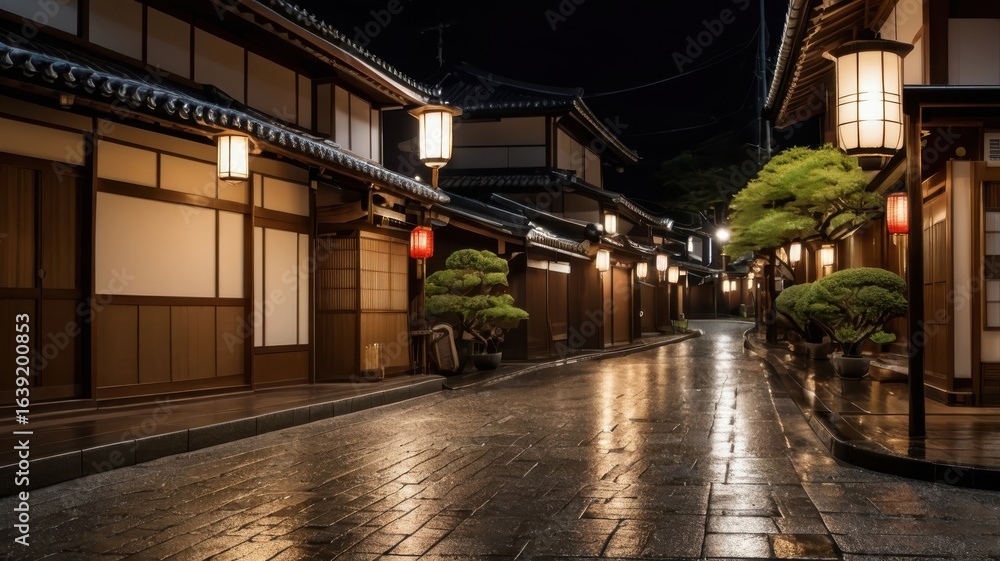 Fototapeta premium Nighttime Serenity: Traditional Japanese Street with Lanterns and Wet Cobblestones