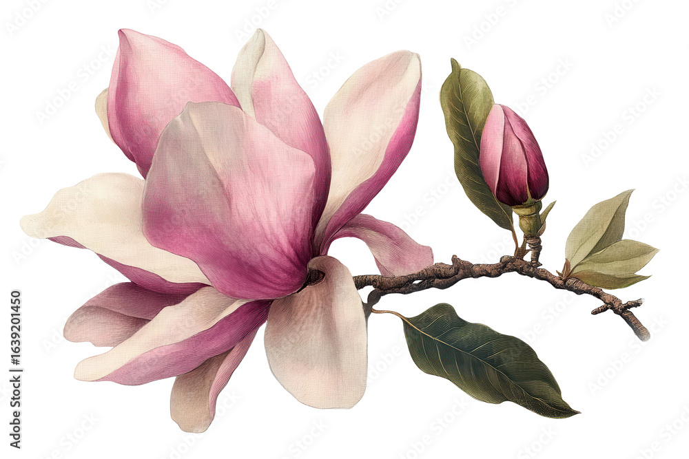 Fototapeta premium Magnolia flower on a branch with a bud against a transparent background showcasing its delicate petals and vibrant colors in natural beauty