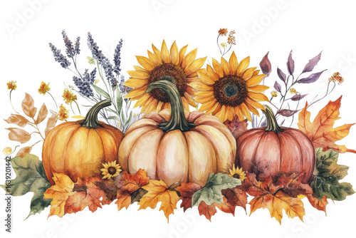 Autumn watercolor composition featuring pumpkins, sunflowers, and vibrant leaves in a harmonious seasonal display