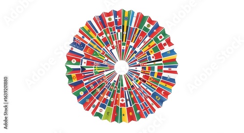 Circular Array of Vibrant World Flags on White, Symbolizing Global Unity and International Diversity