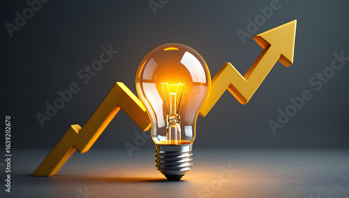 A single bright glowing light bulb on a black background symbolizes a brilliant idea and the power of innovation & Growth Business