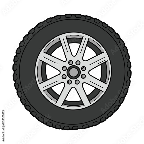 Hand Drawn Illustration of a Car Tire and Wheel