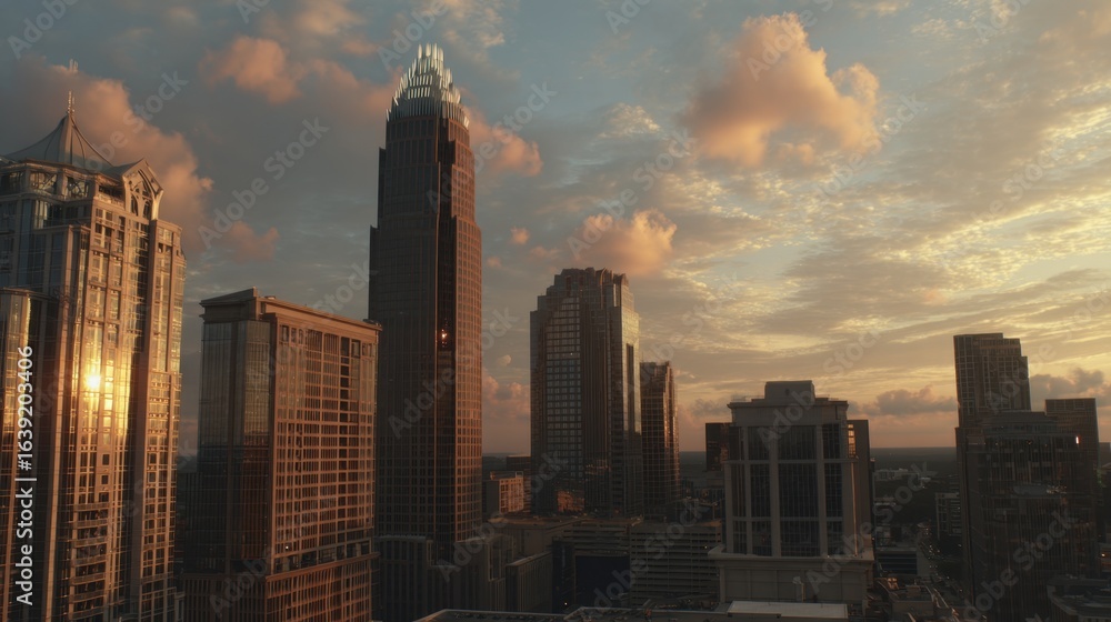 Fototapeta premium Stunning Sunset Over Urban Skyline Highlighting Skyscrapers and Cloud Reflections in Cityscape Environment