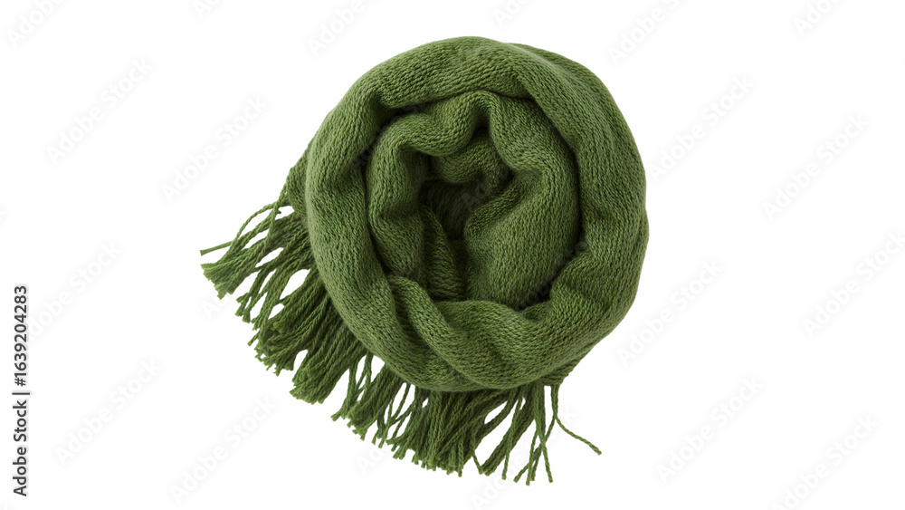 Obraz premium Cozy green knitted scarf with fringe rolled up isolated on the transparent background for winter fashion and accessories concepts