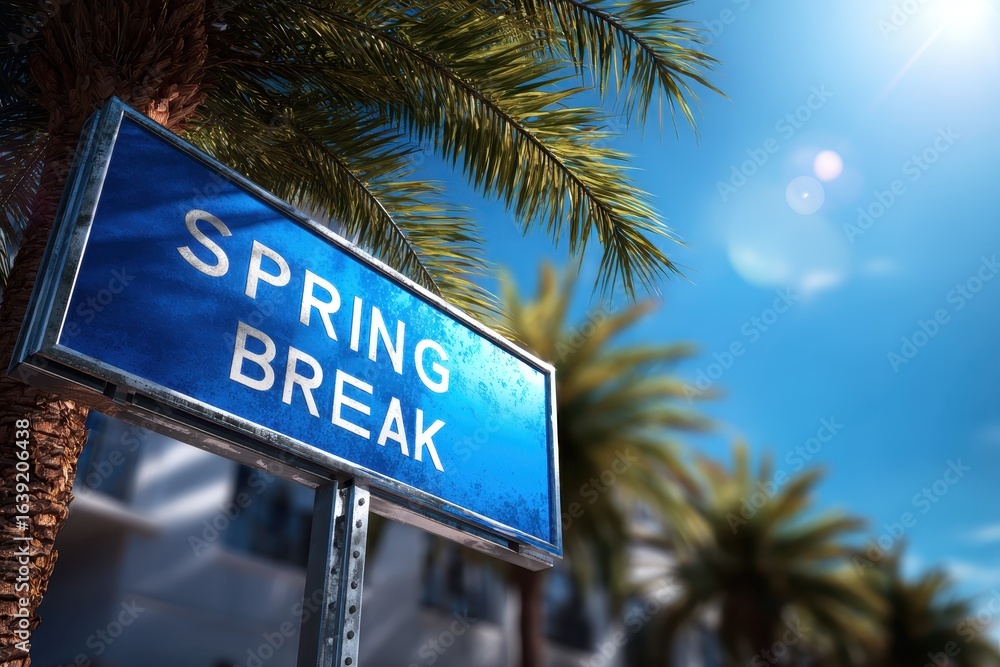 Fototapeta premium Spring break sign with blue skies and palm trees under bright sunlight on a vibrant street