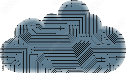 The image shows a cloud made of circuit board patterns with social media interaction icons below.
