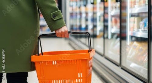 A person holds an orange shopping basket while browsing groceries at the supermarket.