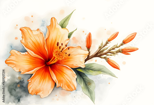 A bright orange hibiscus flower with striking petals is in full bloom, accompanied by budding leaves. The arrangement has a delicate watercolor backdrop that enhances its beauty.