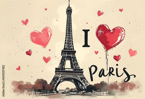 A romantic illustration features the Eiffel Tower adorned with red hearts, celebrating love in Paris. The artwork captures the essence of the citys charm and allure.