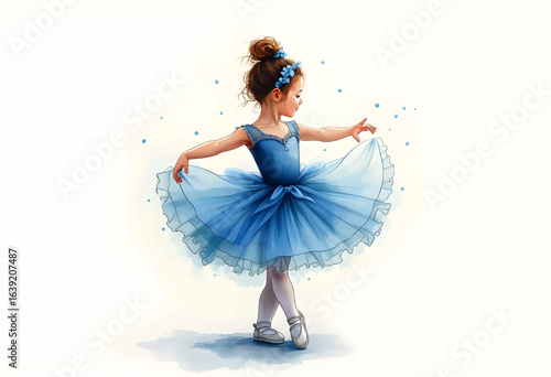 A young girl in a blue ballet dress turns elegantly, her hair adorned with flowers. The dance studio is bright and cheerful, reflecting the joy of dance practice on a sunny day.