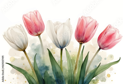 A vibrant arrangement of pink and white tulips is captured in a delicate watercolor style. The soft pastel background enhances the beauty of these spring flowers.