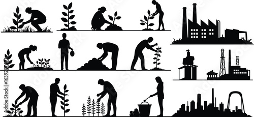 Gardening people silhouettes, planting trees, watering plants, agriculture work, urban industry contrast, environment care, nature conservation, cityscape, black vector icons illustration