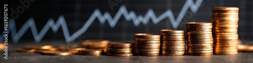 Stacks of golden coin with a rising stock market graph in the background symbolizes financial growth and investment success.
