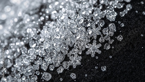 Closeup of sparkling loose diamonds on black velvet shimmering gemstones, luxury jewelry craft, brilliant clarity and transparency