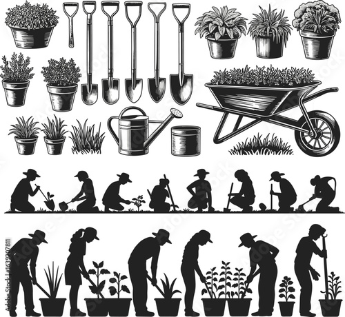 Gardening tools and people silhouettes, planting flowers, digging soil, watering plants, wheelbarrow, agriculture work, outdoor activity, nature care, black vector illustration