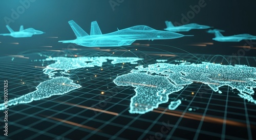 Futuristic jet fighters fly over a digital world map, representing global technology and networks.