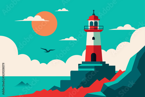 Lighthouse scene with sun and bird flying