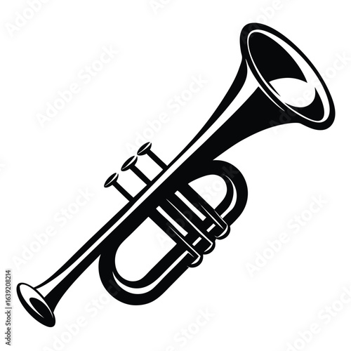 Monochrome Trumpet Illustration Depicts a Classic Musical Instrument with Intricate Details and Shading, Perfect for Music Enthusiasts and Graphic Design